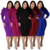 plus size solid color long-sleeved round neck belted slim dress NSLNW137051