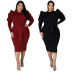 plus size solid color long-sleeved round neck belted slim dress NSLNW137051
