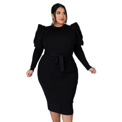 Plus Size Solid Color Long-sleeved Round Neck Belted Slim Dress NSLNW137051