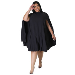 Plus Size Solid Color Trumpet Sleeve Loose Pleated Large Skirt Dress NSLNW137052