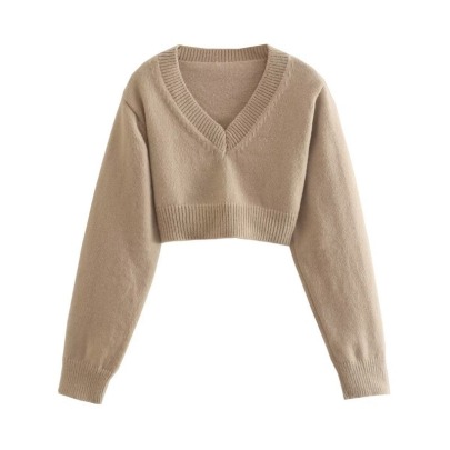 Solid Color Pullover V-neck Loose Long-sleeved Crop Sweater NSYXB137064