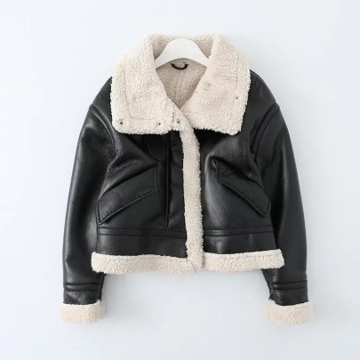 PU Leather Faux Fur Stitching Long Sleeve Jacket NSYXB137065