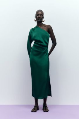 Solid Color Single Sleeve Asymmetric Silk Satin Texture Dress NSYXB137069