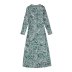 V-neck long-sleeved waist slimming printed slit dress NSYXB137071