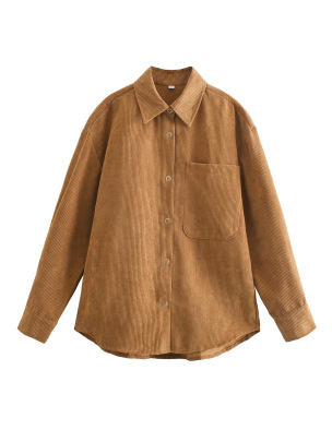Solid Color Corduroy Retro Lapel Single-breasted Mid-length Pocket Shirt NSYXB137074
