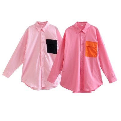 Lapel Loose Long-sleeved Contrast Color Stitching Pocket Shirt NSYXB137082