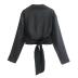 solid color bow silk satin long sleeve textured crop shirt NSYXB137088