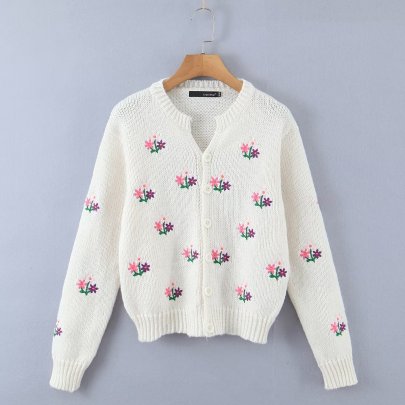 Long Sleeve Embroidery Small Flower Knitted Cardigan NSYXB137102