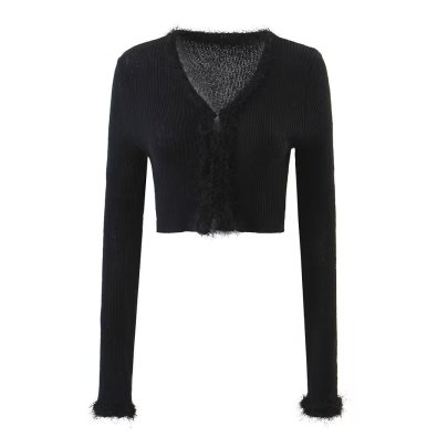 Solid Color Fur Collar Long Sleeve Knitted Crop Cardigan NSYXB137105
