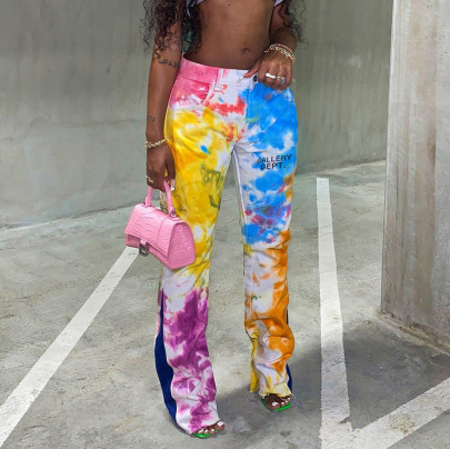 Tie-dye Printing Contrast Color Stitching Pocket Flared Pants NSWWW137141