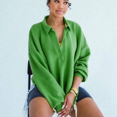Solid Color Lapel Long-sleeved Loose Sweatshirt NSWWW137147
