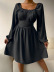 square collar long sleeve high waist lace A-line dress NSNCK137170