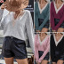 stitching lace V-neck knitted solid color loose long-sleeved T-shirt NSNCK137171