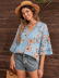 pullover V-neck chiffon print lace trumpet sleeve top NSNCK137176
