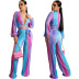 colorful printing long sleeve V-neck top and wide leg pants two-piece set NSMRF137185