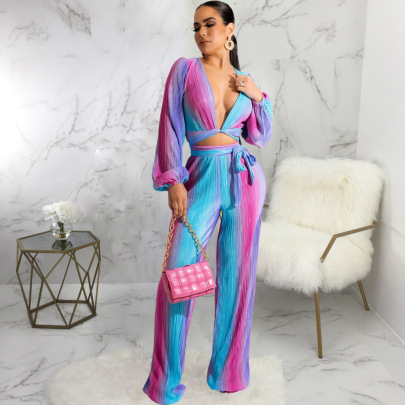 Colorful Printing Long Sleeve V-neck Top And Wide Leg Pants Two-piece Set NSMRF137185