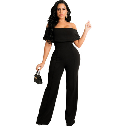 Solid Color One-word Collar Tube Top Short Sleeve Slim Jumpsuit NSMRF137188