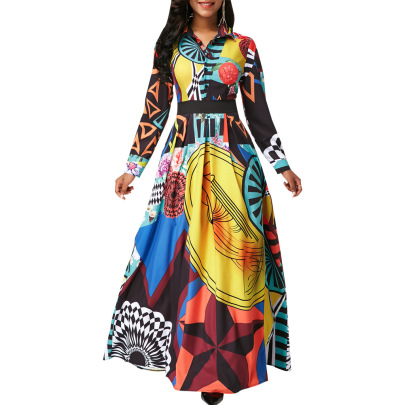 Multicolor Printing Long Sleeve Lapel Large Skirt Dress NSMRF137191