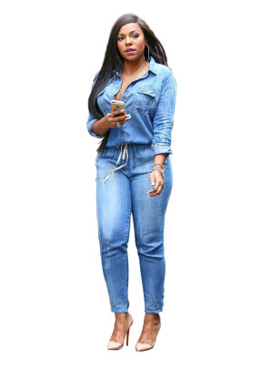 Lapel Single-breasted Waist Lace Up Long Sleeve Denim Fit Jumpsuit NSMRF137194