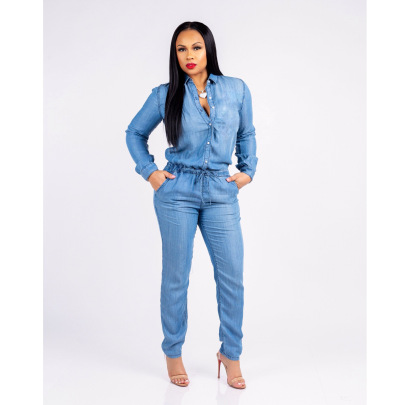 Long Sleeve Lace Up Single-breasted Denim Fit Jumpsuit NSMRF137201
