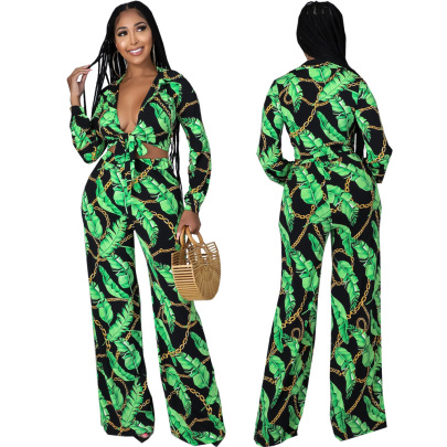 Leaves And Chains Printing Chest Straps Long Sleeve Top And Wide Leg Pants Two-piece Set NSMRF137210