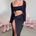 solid color front hollow long sleeve high slit long dress NSLHC137228