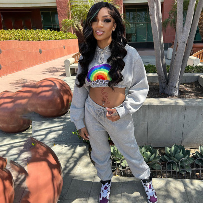 Letter Rainbow Printed Crop Sweatshirt And Solid Color Sweatpants Lounge Set NSLHC137229