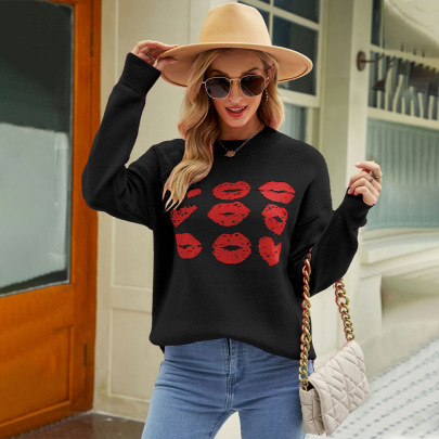 Round Neck Love And Lips Print Long Sleeve Sweater NSWJY137240