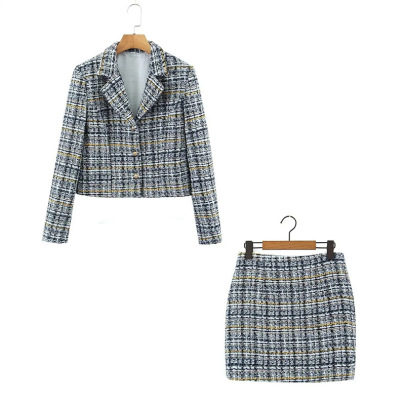 Plaid Contrast Color High Waist Sheath Skirt And Long Sleeve Suit Jacket Set NSYJN137261