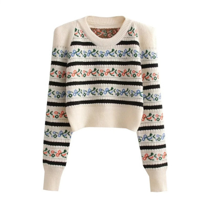 Jacquard Round Neck Pullover Crop Knitted Sweater NSYJN137272
