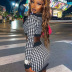 V-neck houndstooth printing crop top and sheath skirts two-piece set NSJYF136195