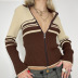 American retro contrasting color striped slim lapel full zipper knitted cardigan NSSSN136225