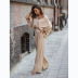 solid color V-neck long sleeve top and tie trousers set NSCXY136237