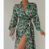 leopard print long-sleeved lace-up wrap dress NSCXY136241