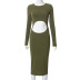 solid color round neck long-sleeved hollow out dress NSWWW136273
