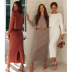 solid color knitted long sleeve top and slit long skirt set NSJKW136339
