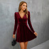 solid color V-neck long sleeves waist A-line velvet dress NSYSQ136341