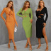 solid color hollowed-out slit straps knitted long-sleeved sheath dress NSYSQ136344