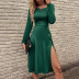 solid color round neck pullover knitted long-sleeved midi large skirt slit dress NSYSQ136345