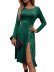 solid color round neck pullover knitted long-sleeved midi large skirt slit dress NSYSQ136345