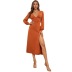 solid color V-neck slit high-waisted slim A-line dress NSYSQ136350