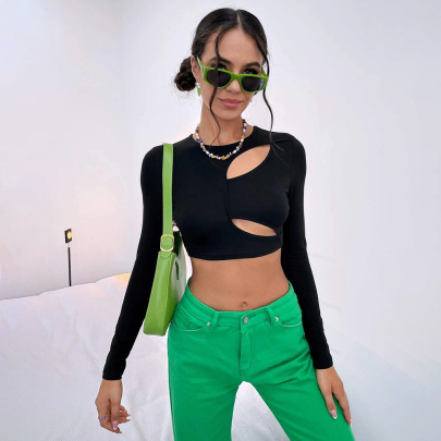 Solid Color Hollowed-out Slim-fit Long-sleeved Crop Top NSYSQ136351