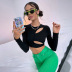 solid color hollowed-out slim-fit long-sleeved crop top NSYSQ136351