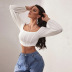 solid color square neck pleated long-sleeved crop top NSYSQ136353