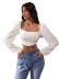 solid color square neck pleated long-sleeved crop top NSYSQ136353