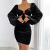 solid color hollow ring waist bubble sleeve velvet sheath dress NSYSQ136360