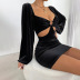 solid color hollow ring waist bubble sleeve velvet sheath dress NSYSQ136360