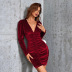 solid color V-neck waist pleated long-sleeved velvet prom dress NSYSQ136361