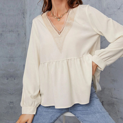 Solid Color Stitching Lace V-neck Loose Long-sleeved Top NSYSQ136362