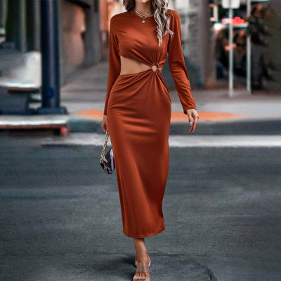 Solid Color Waist Hollow Long-sleeved Knitted Slit Sheath Dress NSYSQ136365